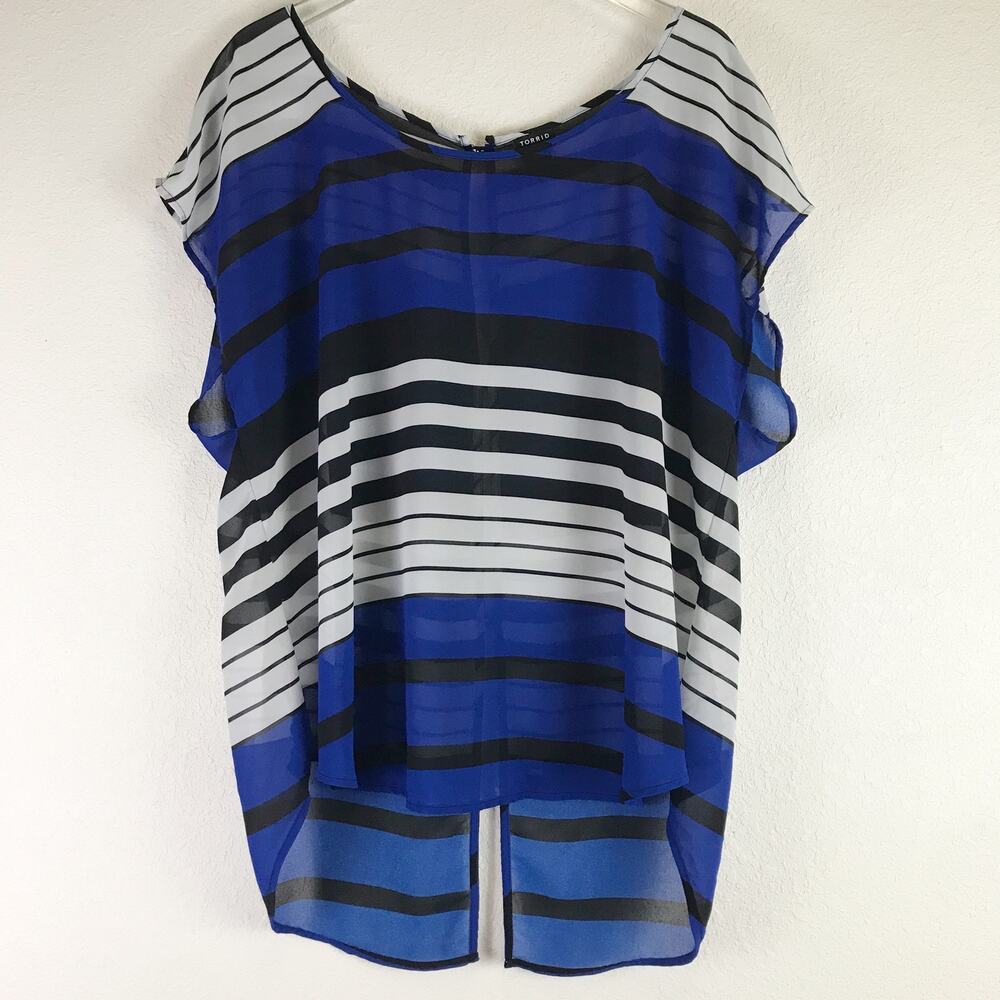 Torrid Sheer Keyhole Button Back Short Sleeve Striped Blouse Top Plus Size 2X